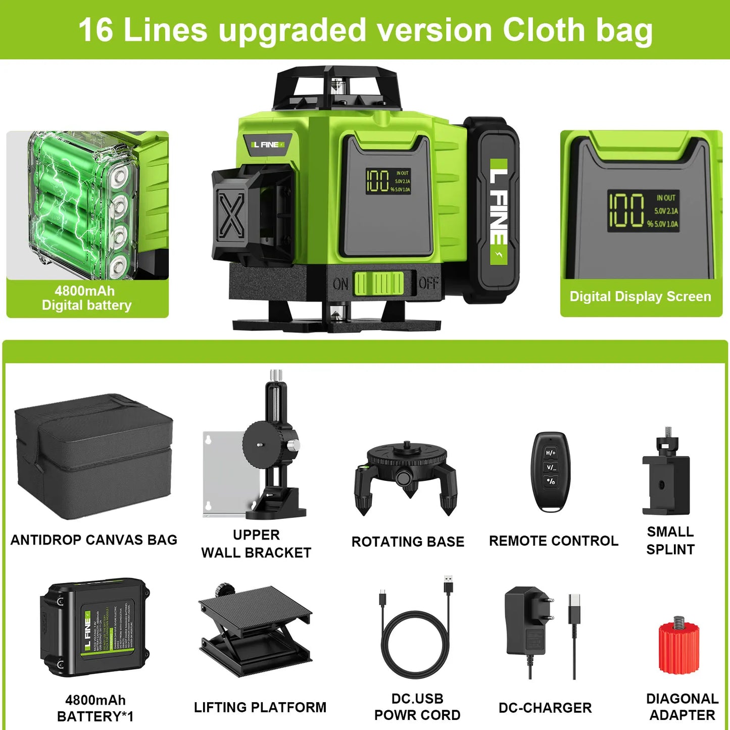 4D 16 Lines 360°Self-Leveling Laser Levels with Tripod and Suitcase Horizontal and Vertical Professional Laser Level Tool