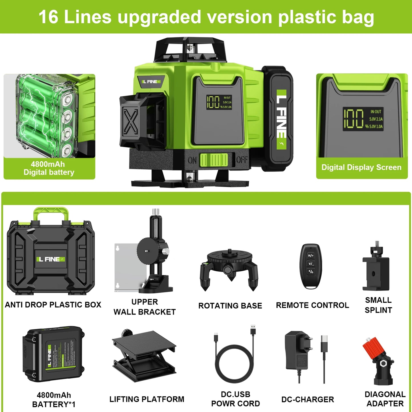 4D 16 Lines 360°Self-Leveling Laser Levels with Tripod and Suitcase Horizontal and Vertical Professional Laser Level Tool