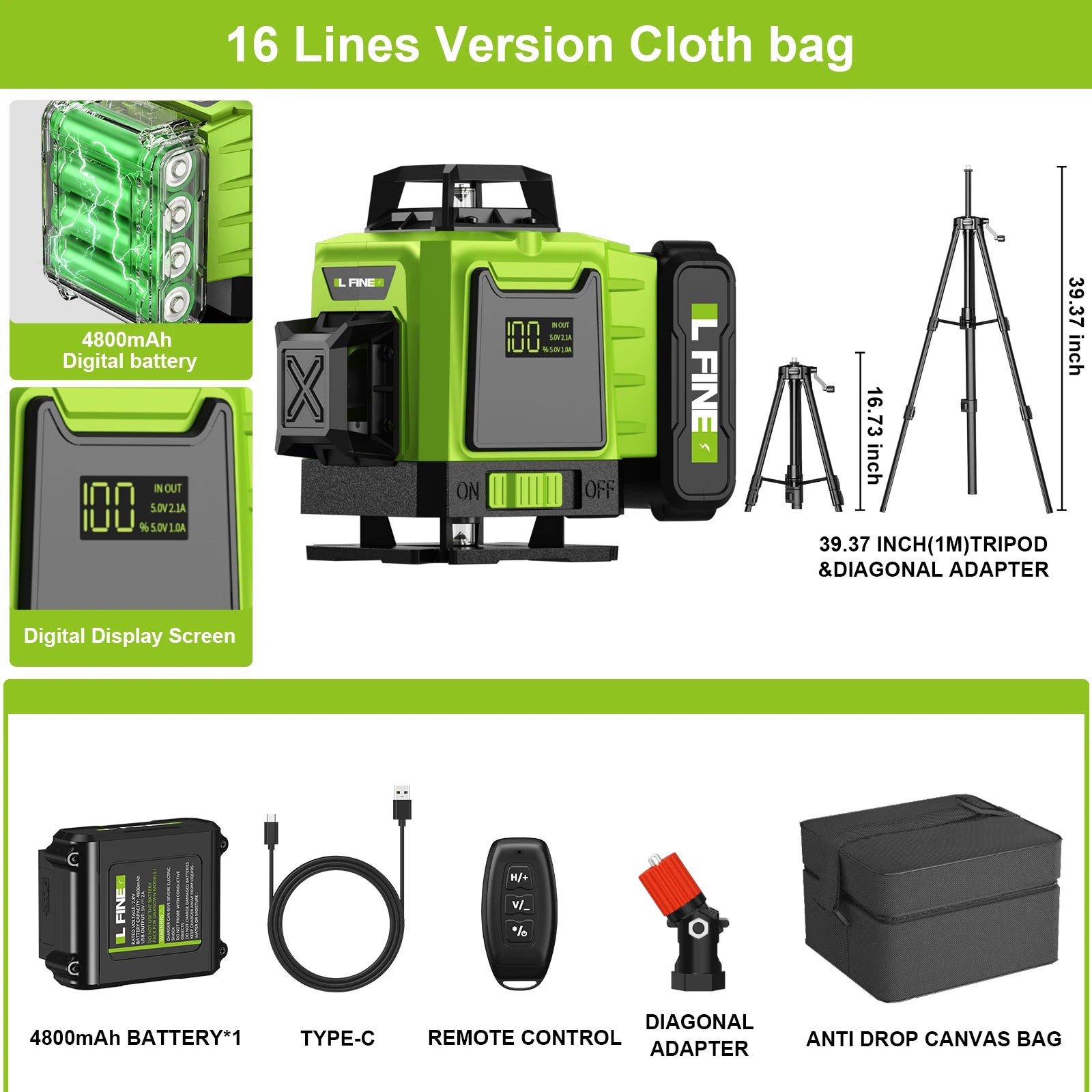 4D 16 Lines 360°Self-Leveling Laser Levels with Tripod and Suitcase Horizontal and Vertical Professional Laser Level Tool